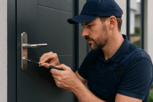 מנעולן מוסמך מתקן ומחליף צילינדר בדלת כניסה מודרנית בבית פרטי