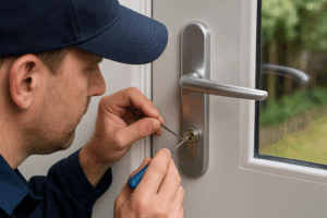 מנעולן בחליפה כחולה וכובע מבצע פתיחת דלת לבנה באמצעות כלי פריצה מקצועיים בצילינדר כסוף.