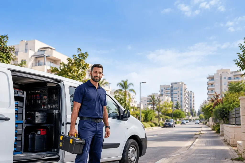 מנעולן מקצועי עם תיק כלים ורכב שירות בשכונת מגורים צומחת מדרום לתל אביב